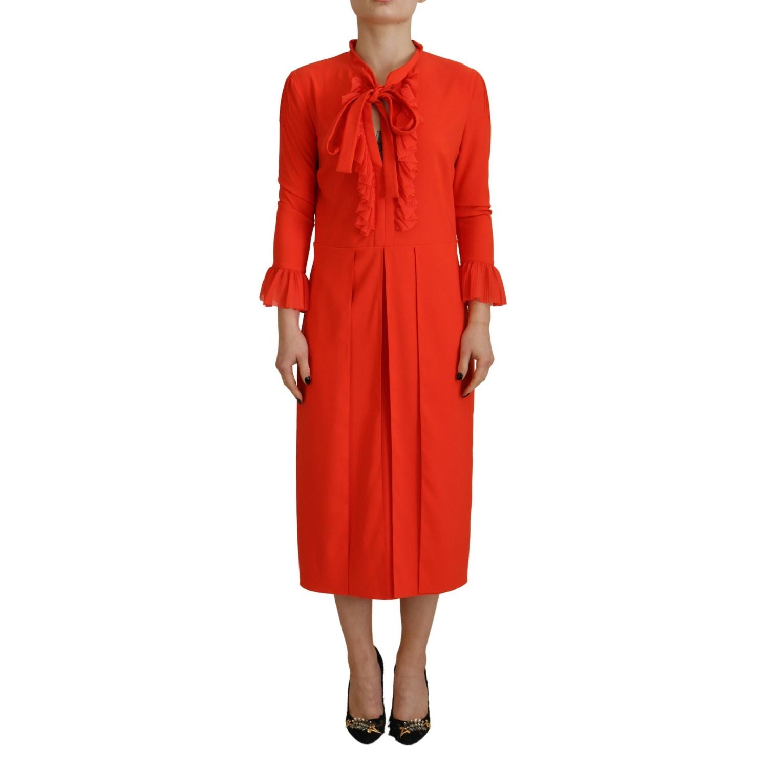 Dsquared² Red Polyester Long Sleeves Pleated Midi Dress