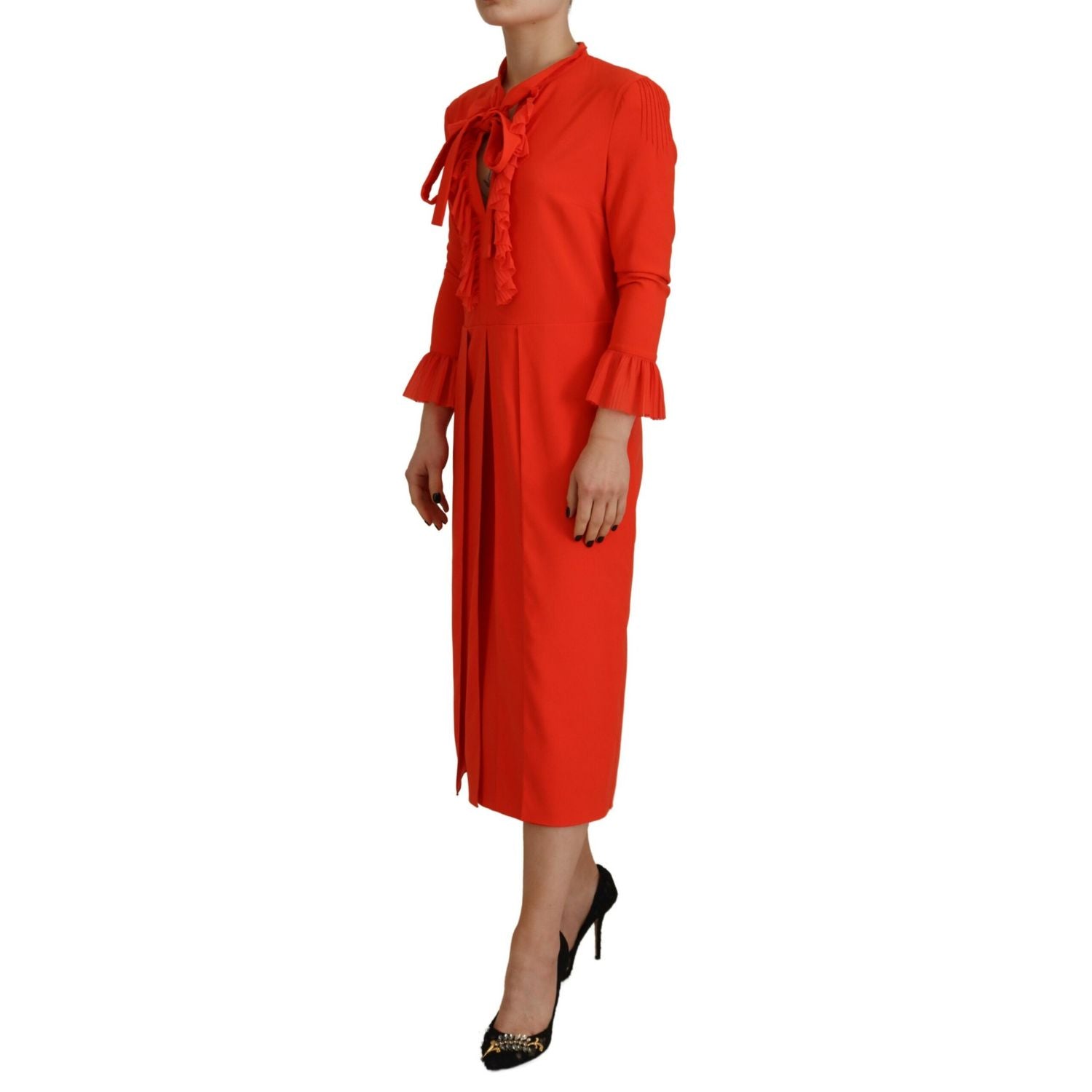 Dsquared² Red Polyester Long Sleeves Pleated Midi Dress
