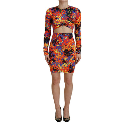 Dsquared² Multicolor Batik Open Belly Long Sleeves Dress