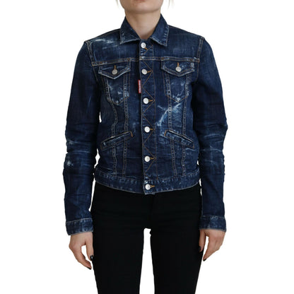 Dsquared² Blue Icon Printed Distressed Denim Jacket1728,67345645728,Blue,Clothing,Denim Jackets - Jackets & Coats - Clothing,Dsquared²,IT38 | XS,Jackets & Coats - Clothing,Jackets & Coats - Women - Clothing,Material: Cotton 98%,Preowned / Defect,Spandex/E