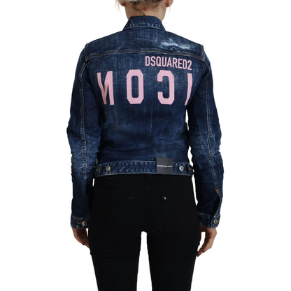 Dsquared² Blue Icon Printed Distressed Denim Jacket1728,67345645728,Blue,Clothing,Denim Jackets - Jackets & Coats - Clothing,Dsquared²,IT38 | XS,Jackets & Coats - Clothing,Jackets & Coats - Women - Clothing,Material: Cotton 98%,Preowned / Defect,Spandex/E