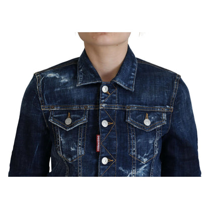 Dsquared² Blue Icon Printed Distressed Denim Jacket1728,67345645728,Blue,Clothing,Denim Jackets - Jackets & Coats - Clothing,Dsquared²,IT38 | XS,Jackets & Coats - Clothing,Jackets & Coats - Women - Clothing,Material: Cotton 98%,Preowned / Defect,Spandex/E