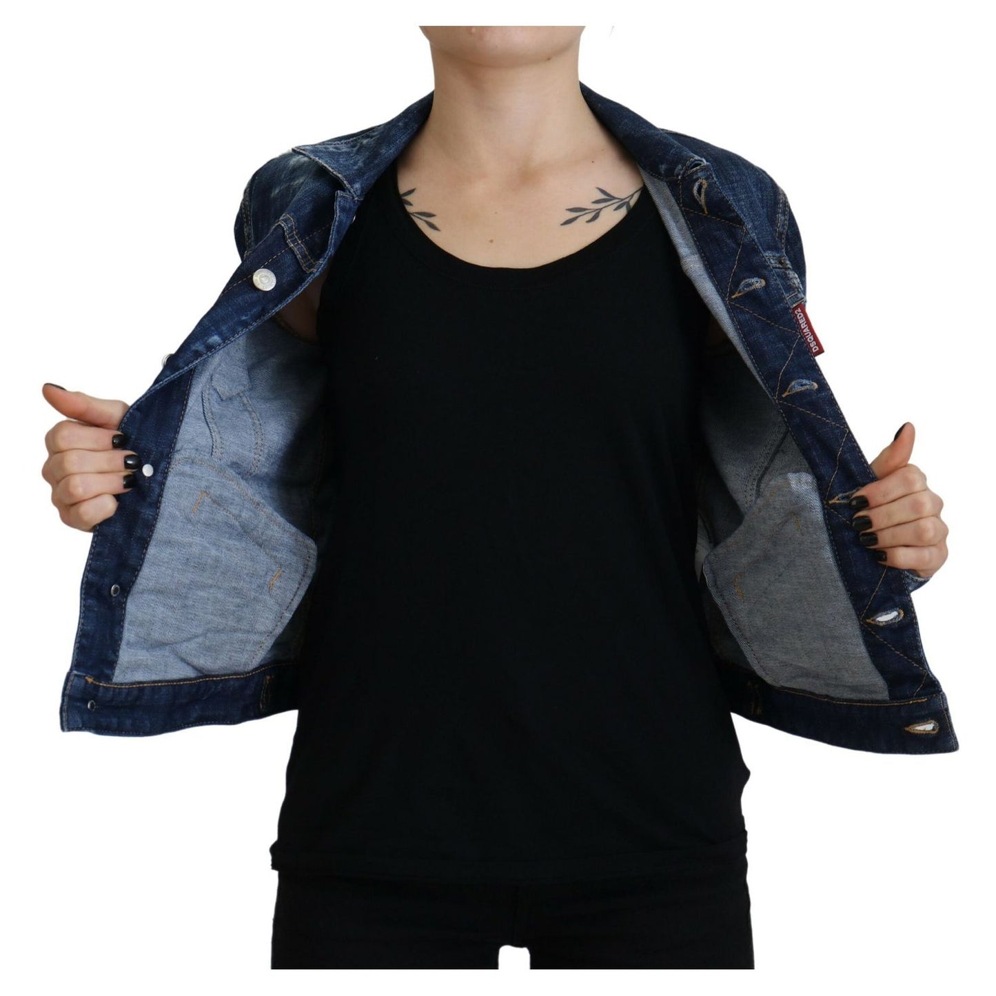 Dsquared² Blue Icon Printed Distressed Denim Jacket1728,67345645728,Blue,Clothing,Denim Jackets - Jackets & Coats - Clothing,Dsquared²,IT38 | XS,Jackets & Coats - Clothing,Jackets & Coats - Women - Clothing,Material: Cotton 98%,Preowned / Defect,Spandex/E
