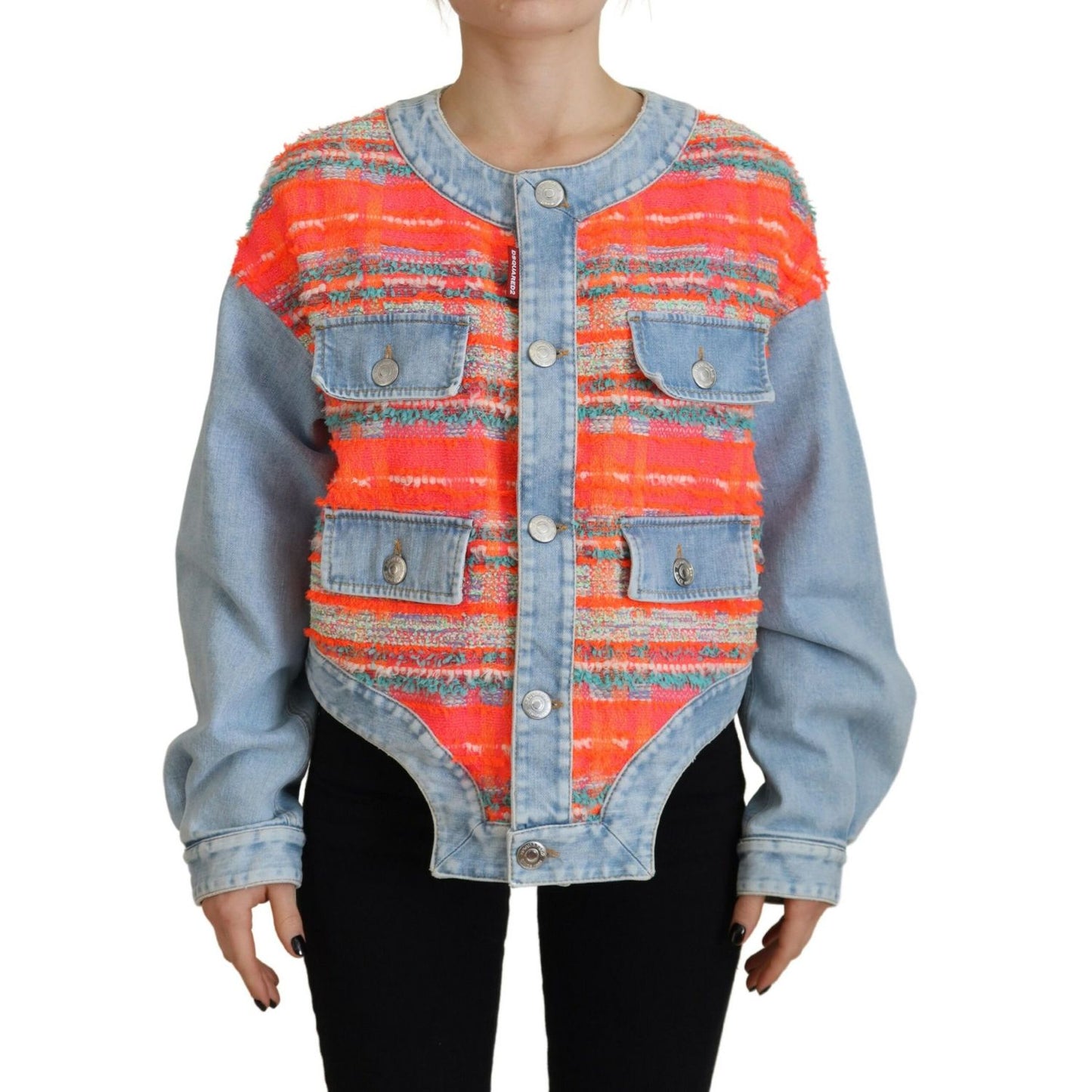 Dsquared² Orange Blue Panelled Button Front Denim Jacket1728,67345645728,Clothing,Denim Jackets - Jackets & Coats - Clothing,Dsquared²,IT38 | XS,Jackets & Coats - Clothing,Jackets & Coats - Women - Clothing,Material: 32% Polyester 24% Acrylic 21% Nylon 21