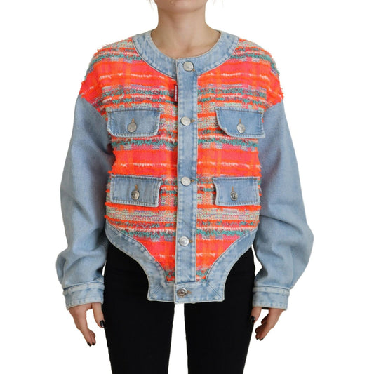 Dsquared² Orange Blue Panelled Button Front Denim Jacket1728,67345645728,Clothing,Denim Jackets - Jackets & Coats - Clothing,Dsquared²,IT38 | XS,Jackets & Coats - Clothing,Jackets & Coats - Women - Clothing,Material: 32% Polyester 24% Acrylic 21% Nylon 21