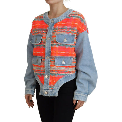 Dsquared² Orange Blue Panelled Button Front Denim Jacket1728,67345645728,Clothing,Denim Jackets - Jackets & Coats - Clothing,Dsquared²,IT38 | XS,Jackets & Coats - Clothing,Jackets & Coats - Women - Clothing,Material: 32% Polyester 24% Acrylic 21% Nylon 21