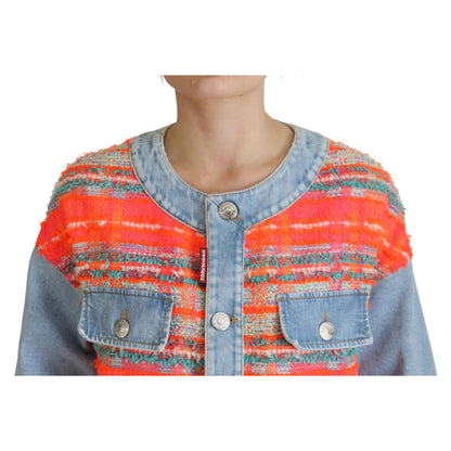 Dsquared² Orange Blue Panelled Button Front Denim Jacket1728,67345645728,Clothing,Denim Jackets - Jackets & Coats - Clothing,Dsquared²,IT38 | XS,Jackets & Coats - Clothing,Jackets & Coats - Women - Clothing,Material: 32% Polyester 24% Acrylic 21% Nylon 21