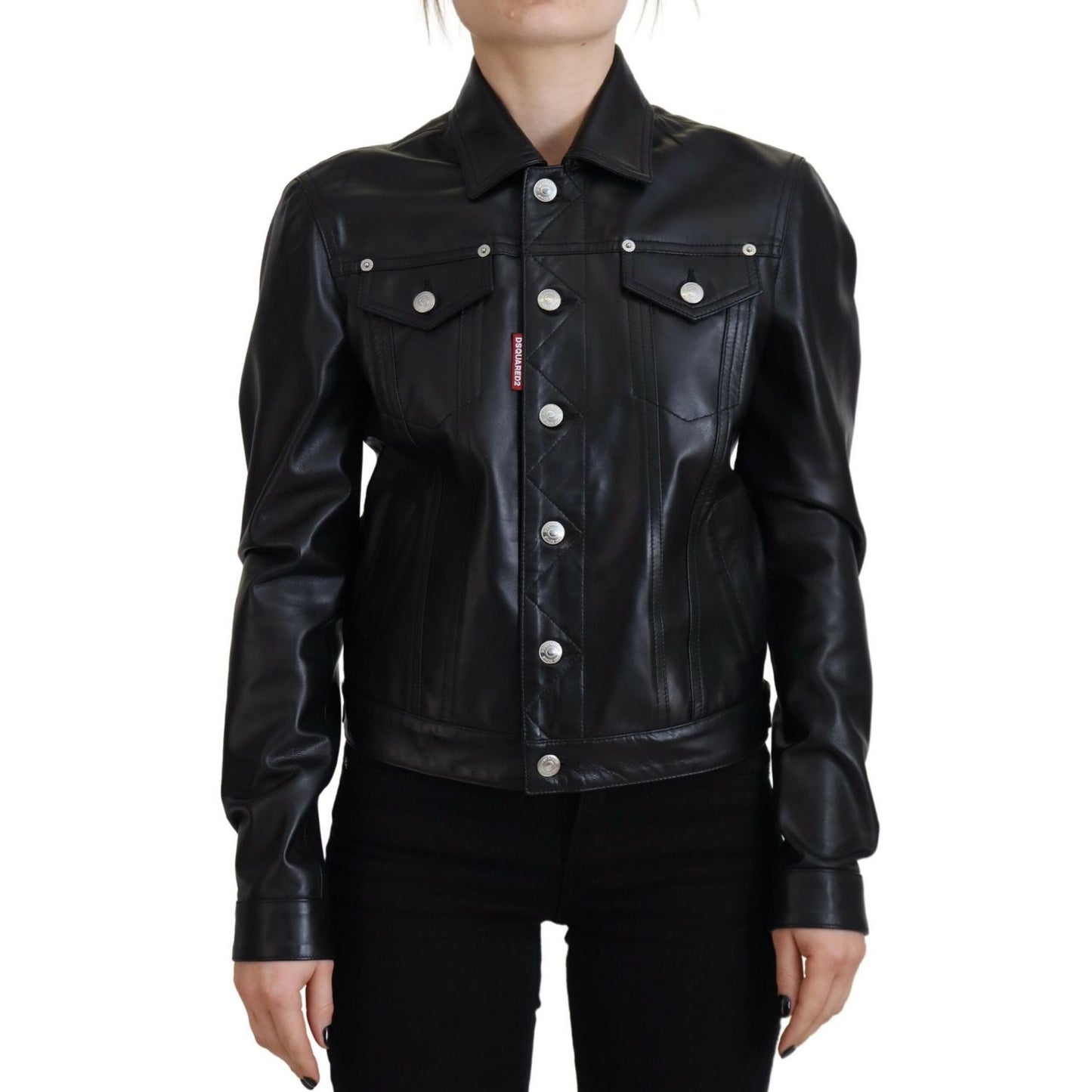 Dsquared² Black Leather Collared Long Sleeves Jacket1728,67345645728,Black,Clothing,Dsquared²,IT38 | XS,Jackets & Coats - Clothing,Jackets & Coats - Women - Clothing,Leather Jackets - Jackets & Coats - Clothing,Material: 100% Leather,Preowned / Defect,Wom