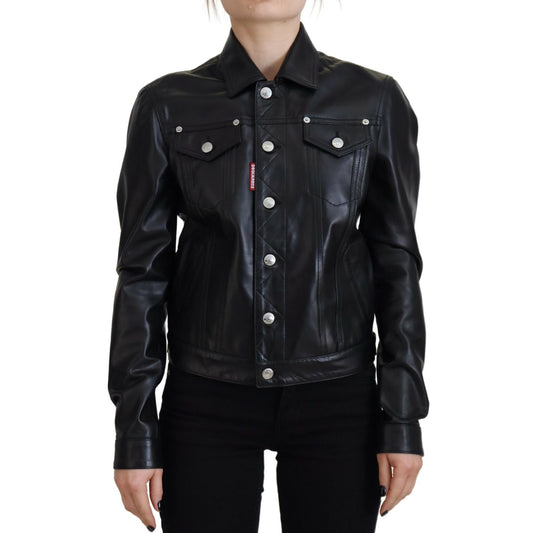 Dsquared² Black Leather Collared Long Sleeves Jacket1728,67345645728,Black,Clothing,Dsquared²,IT38 | XS,Jackets & Coats - Clothing,Jackets & Coats - Women - Clothing,Leather Jackets - Jackets & Coats - Clothing,Material: 100% Leather,Preowned / Defect,Wom