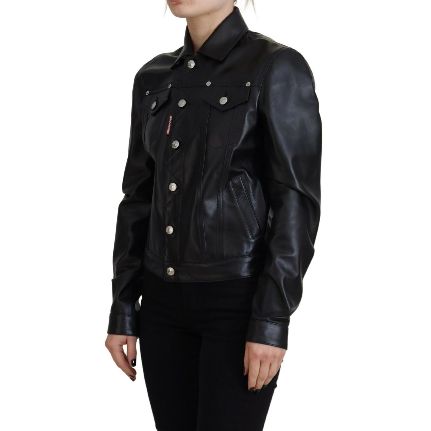 Dsquared² Black Leather Collared Long Sleeves Jacket1728,67345645728,Black,Clothing,Dsquared²,IT38 | XS,Jackets & Coats - Clothing,Jackets & Coats - Women - Clothing,Leather Jackets - Jackets & Coats - Clothing,Material: 100% Leather,Preowned / Defect,Wom