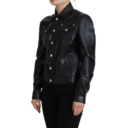 Dsquared² Black Leather Collared Long Sleeves Jacket1728,67345645728,Black,Clothing,Dsquared²,IT38 | XS,Jackets & Coats - Clothing,Jackets & Coats - Women - Clothing,Leather Jackets - Jackets & Coats - Clothing,Material: 100% Leather,Preowned / Defect,Wom