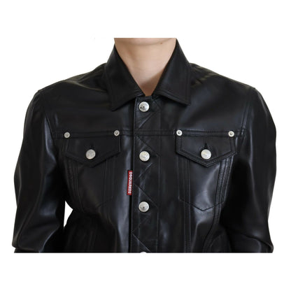 Dsquared² Black Leather Collared Long Sleeves Jacket1728,67345645728,Black,Clothing,Dsquared²,IT38 | XS,Jackets & Coats - Clothing,Jackets & Coats - Women - Clothing,Leather Jackets - Jackets & Coats - Clothing,Material: 100% Leather,Preowned / Defect,Wom