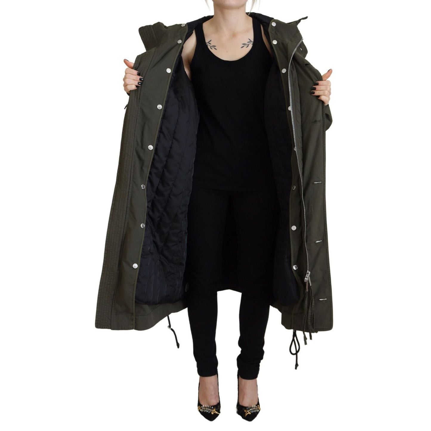 Dsquared² Green Hooded Full Zip Long Parka Coat Jacket1728,67345645728,Clothing,Dsquared²,Green,IT38 | XS,Jackets & Coats - Clothing,Jackets & Coats - Women - Clothing,Material: Cotton 97%,Parkas - Jackets & Coats - Clothing,Preowned / Defect,Spandex/Elas