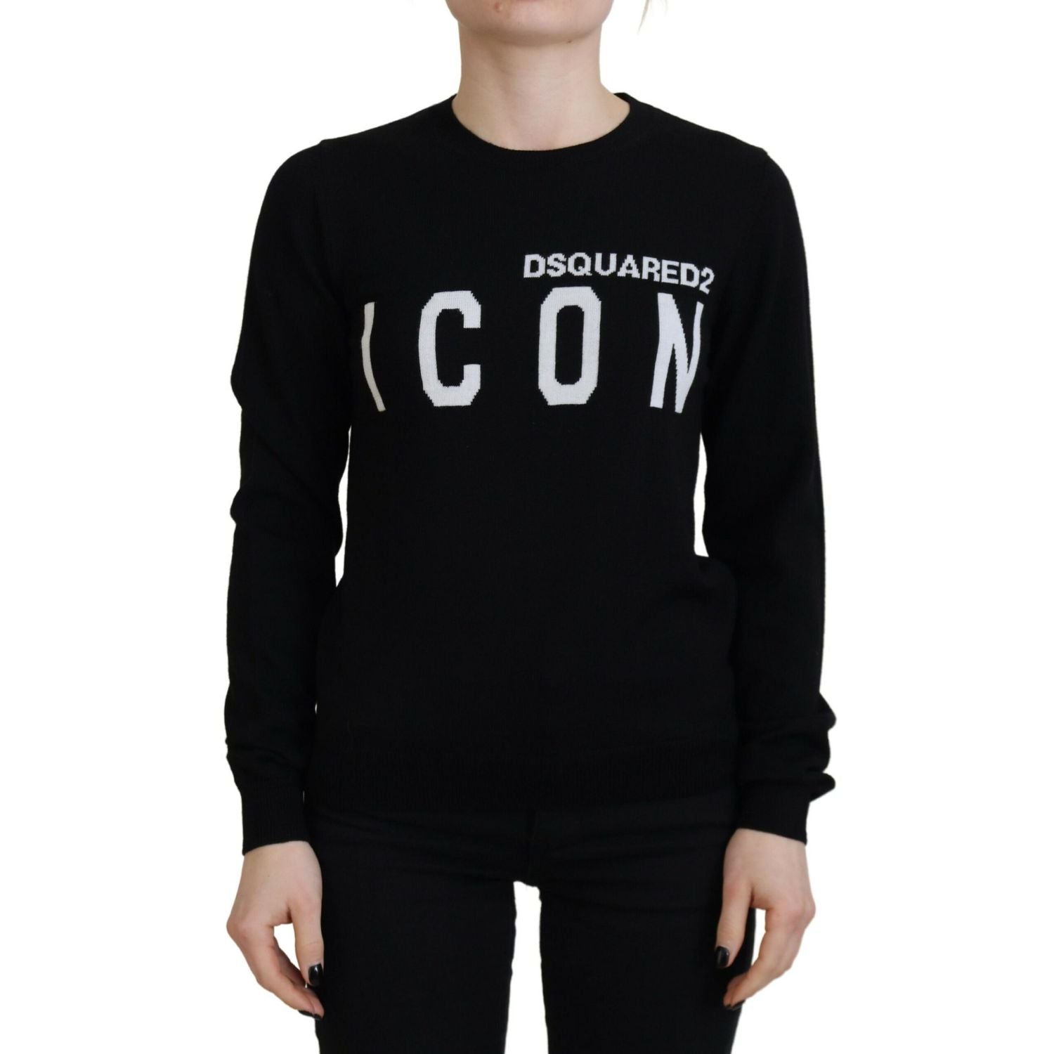 سترة Dsquared² من الصوف البكر الأسود بطبعة شعار وأكمام طويلة
