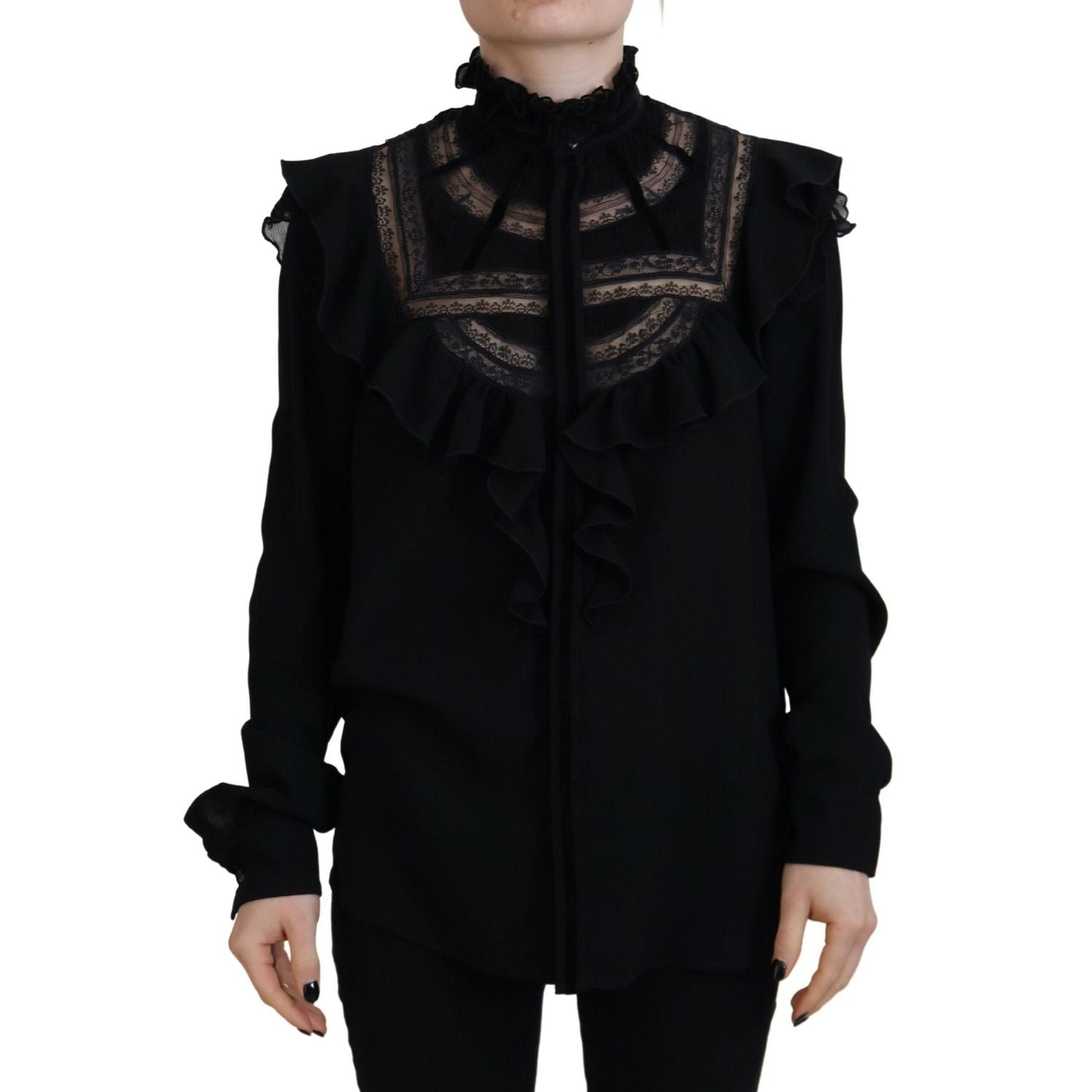 Dsquared² Black Lace Trim Turtle Neck Long Sleeves Top
