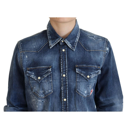 Dsquared² Blue Washed Cotton Button Down Collared Denim Shirt
