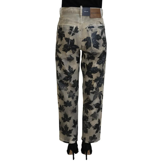 Dsquared² Beige Leaves Cotton High Waist Denim Jeans Boston