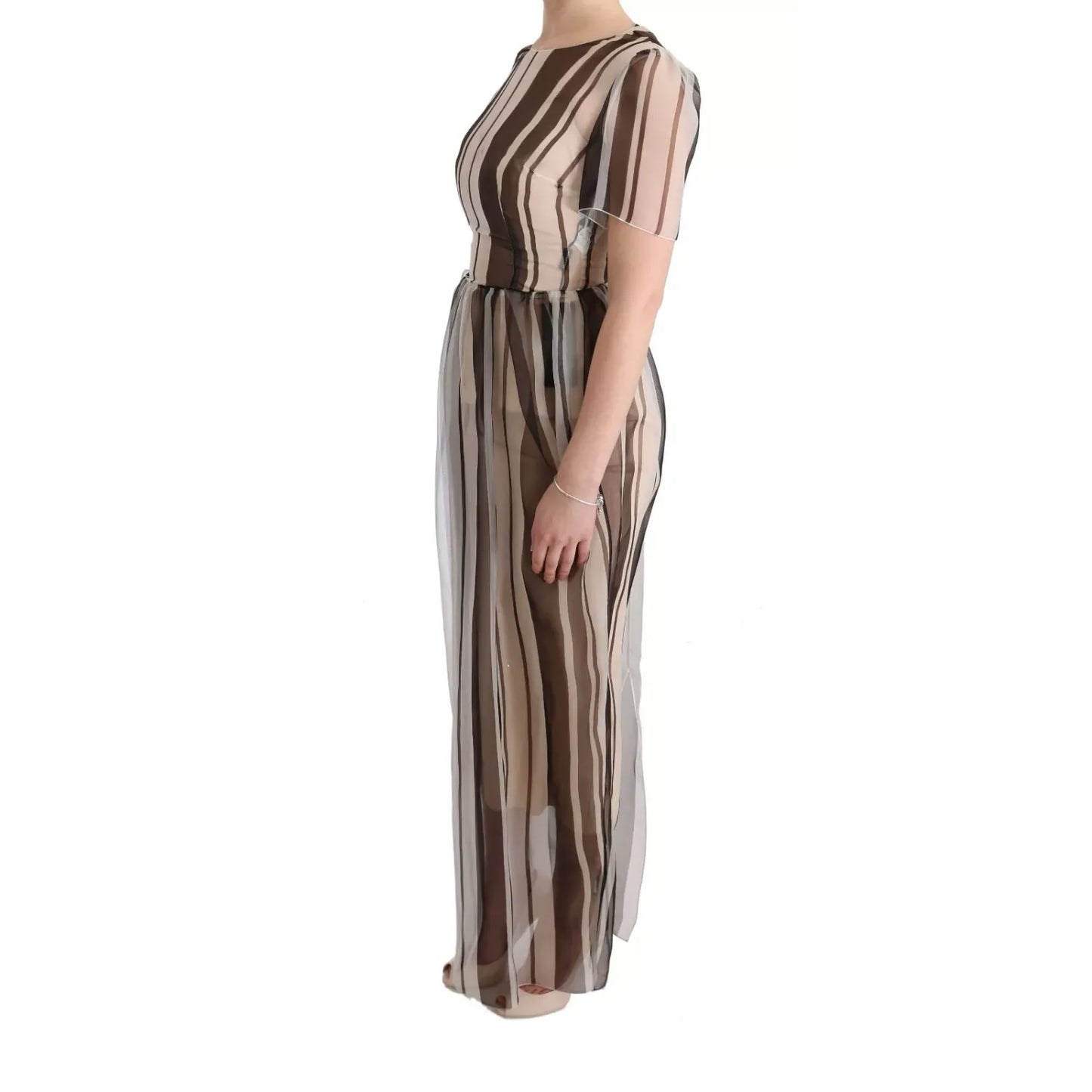 Dolce & Gabbana Beige Brown Striped Silk Sheath Dress