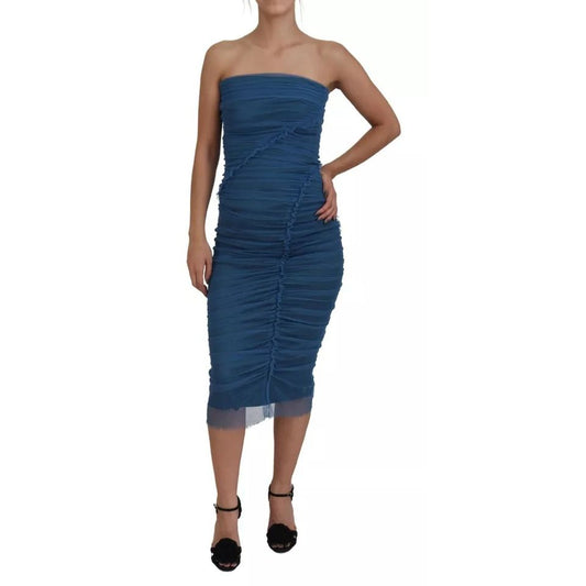 Dolce & Gabbana Blue Mesh Trim Ruched Tulle Sheath Dress