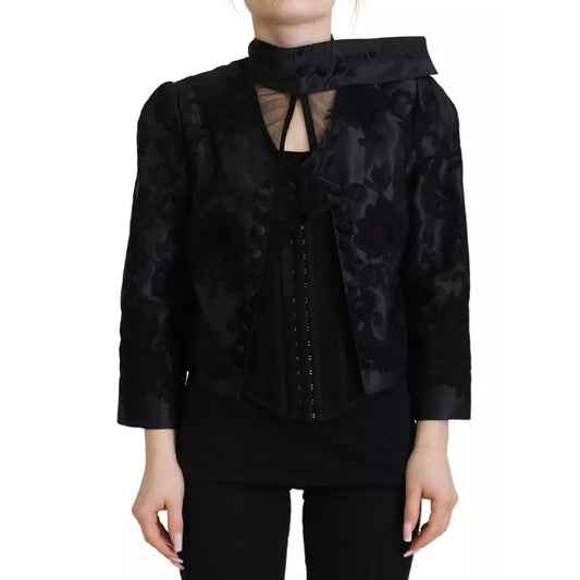 Dolce & Gabbana Black Lace Sheer Corset Organza Silk Jacket1728,67345645728,Black,Clothing,Coats - Jackets & Coats - Clothing,Dolce & Gabbana,IT42|M,Jackets & Coats - Clothing,Jackets & Coats - Women - Clothing,Material: 60% Silk 24% Cotton 16% Polyester,