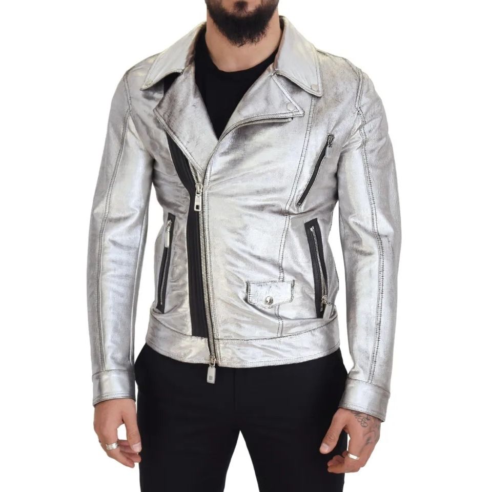 Dolce & Gabbana Silver Leather Biker Coat Lambskin Jacket