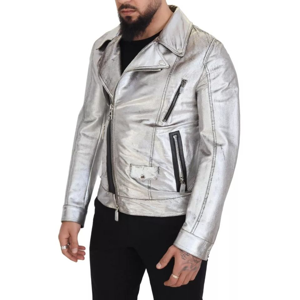 Dolce & Gabbana Silver Leather Biker Coat Lambskin Jacket