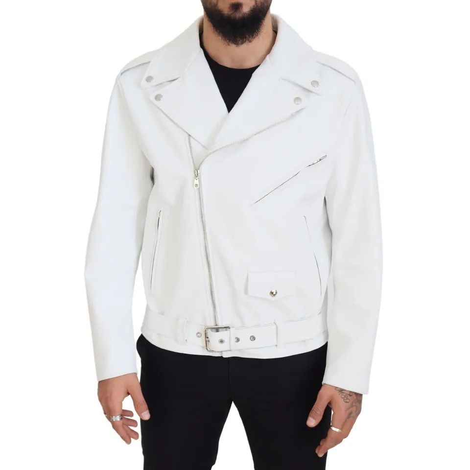 Dolce & Gabbana White Leather Biker Coat Zipper Jacket