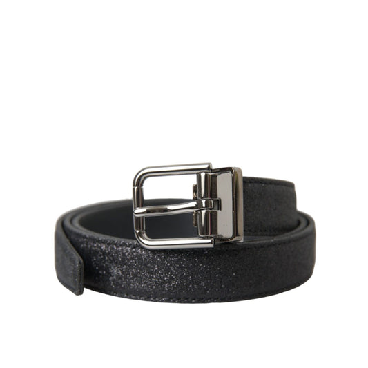 Dolce & Gabbana Black Glittered Leather Silver Buckle Belt