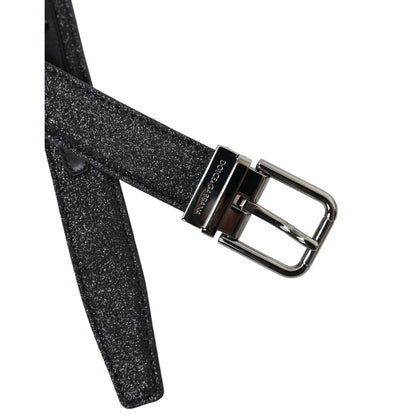 Dolce & Gabbana Black Glittered Leather Silver Buckle Belt