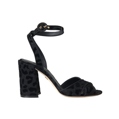 Dolce & Gabbana Black Leopard Suede Heels Sandals Shoes