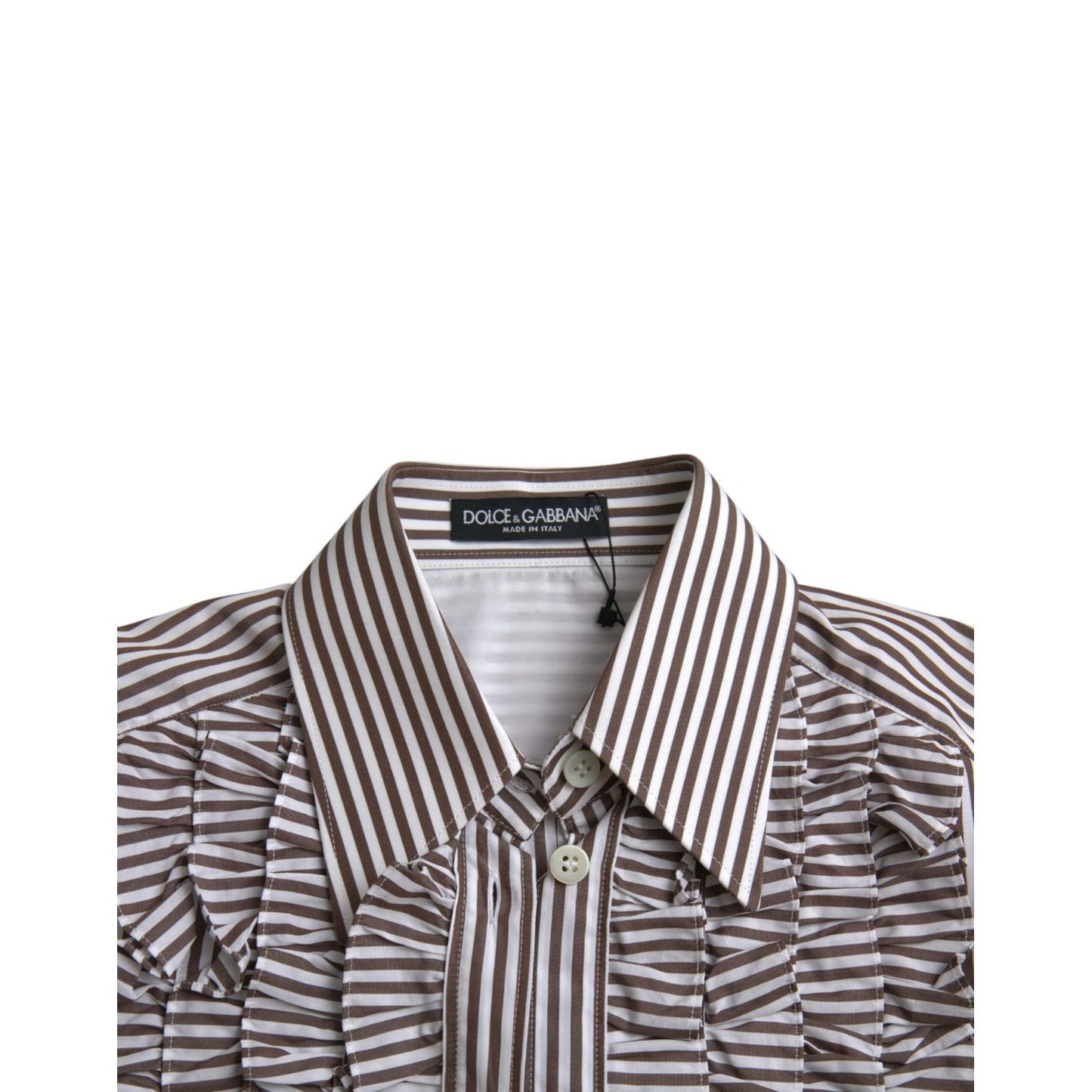 Dolce & Gabbana White Stripes Cotton Long Sleeves Ruffle Collar Top
