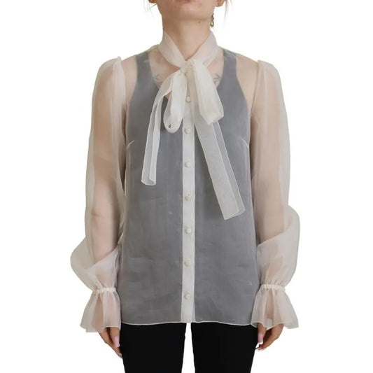Dolce & Gabbana White Ascot Collar Long Sleeves Blouse Top