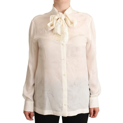 بلوزة دولتشي آند غابانا بيضاء بقبة أسكوت وقميص من الحرير بأزرار