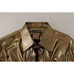 Dolce & Gabbana Metallic Gold DG Embroidered Crown Silk Top Shirt