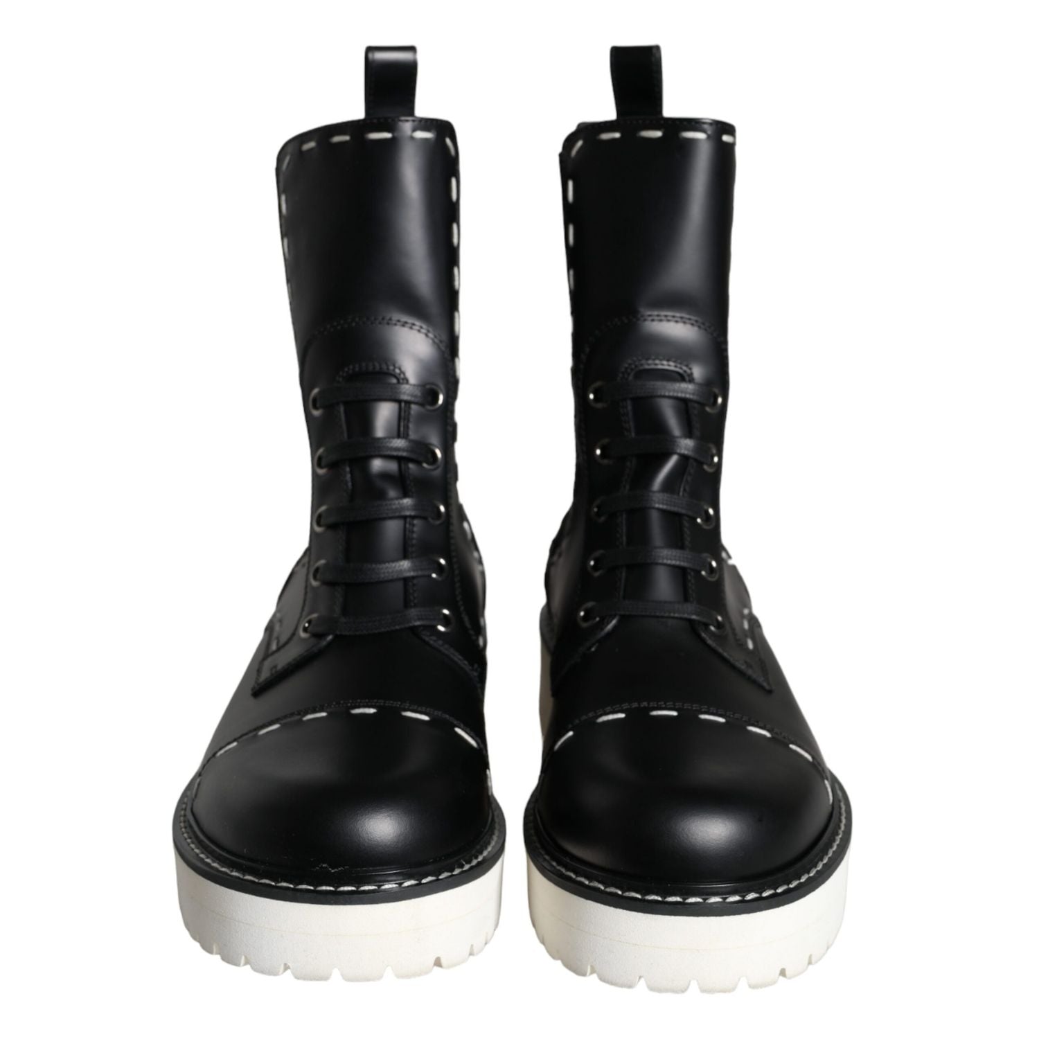 Dolce & Gabbana Black Leather Combat Mid Calf Boots Shoes
