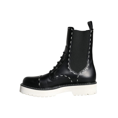 Dolce & Gabbana Black Leather Combat Mid Calf Boots Shoes