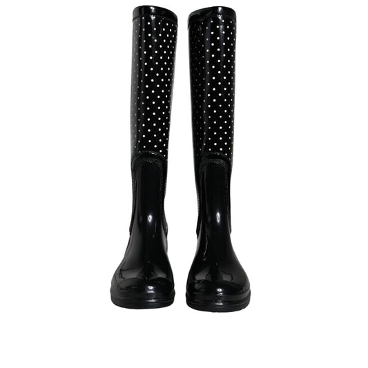 Dolce & Gabbana Black Polka Dot Rubber Knee High Boots Shoes