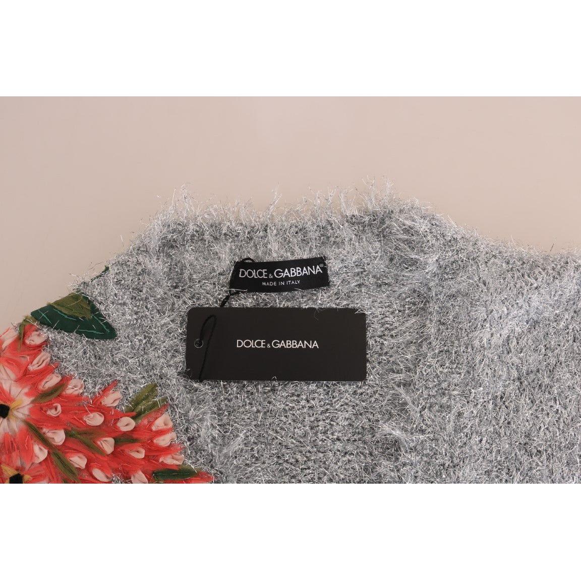 Dolce & Gabbana Silver Cardigan Floral Applique Sweater