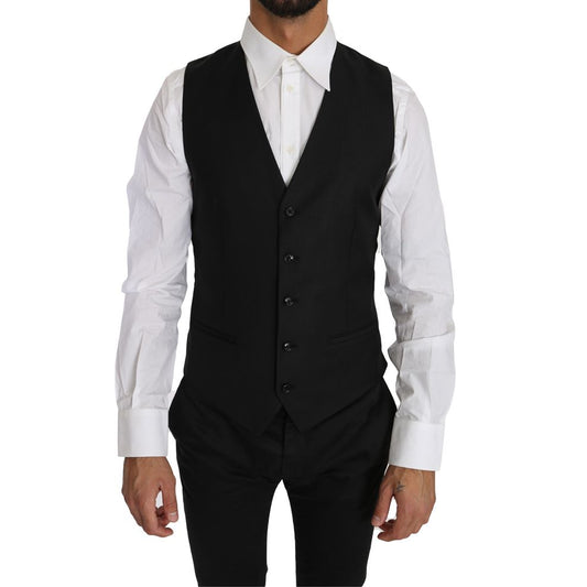 Dolce & Gabbana Black Solid Wool Silk Waistcoat Vest
