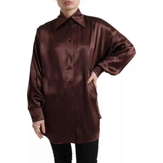 Dolce & Gabbana Brown Silk Collared Long Sleeves Top Blouse TSH84241-36