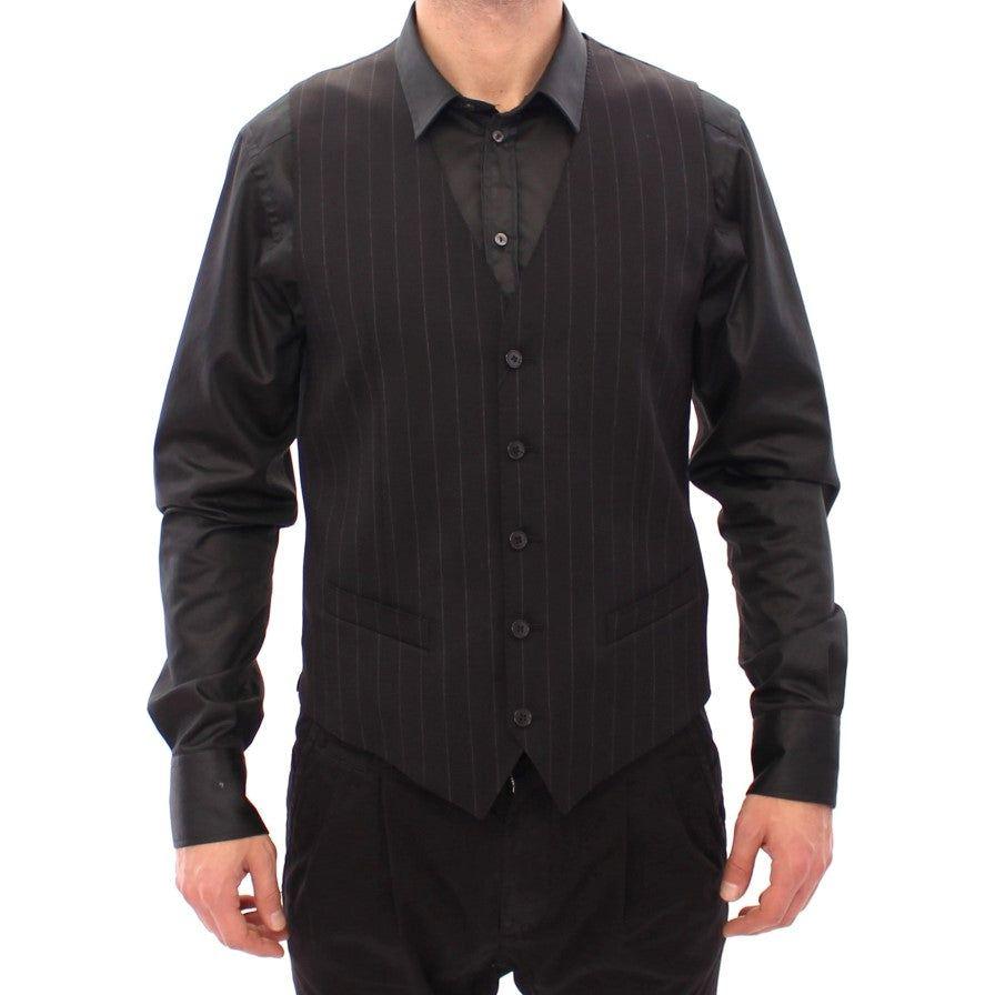 Dolce & Gabbana Black Striped Wool Logo Vest1728,5% Elastane,67345645728,Black,Clothing,Dolce & Gabbana,IT48 | M,Material: 95% Viscose,Men,Men - Clothing,New with tags,Suits & Blazers - Clothing,Vests - Men - Clothing,Waistcoats - Suits & Blazers - Clothi