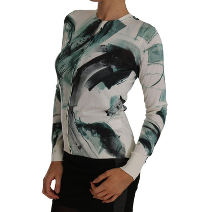 Dolce & Gabbana White Silk Cardigan Lightweight Paint Stroke Sweater
