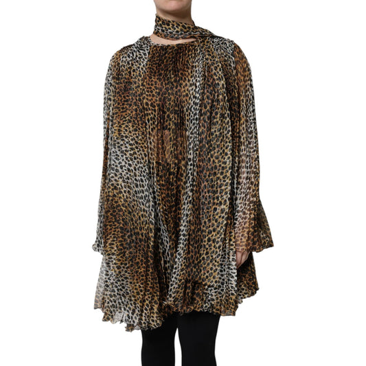 Dolce & Gabbana Brown Leopard Print Scarf Collared Chiffon Dress DR81635-38