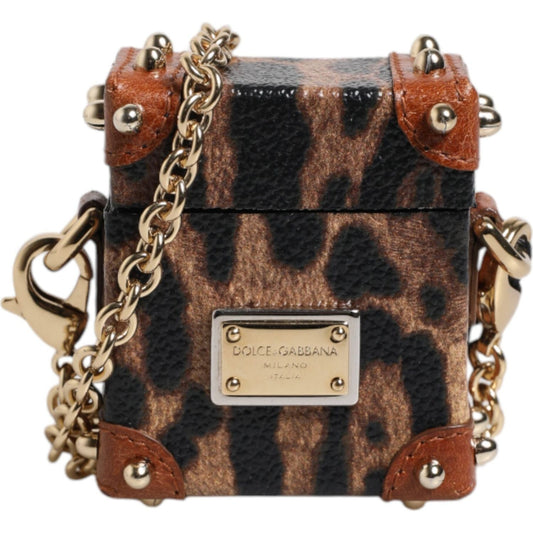 Dolce & Gabbana Brown Leopard Metal Logo Plaque Gold Chain Airpods Case SMY10661