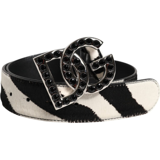 Dolce & Gabbana White Black Leather Zebra DG Crystal Buckle Belt BEL9409-75