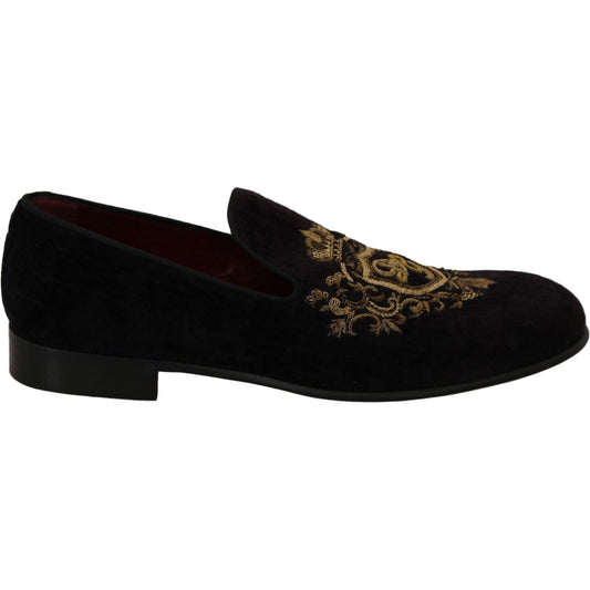 Dolce & Gabbana Loafers Black Velvet Gold Crown 1728,67345645728,Black,Dolce & Gabbana,EU39/US6,Loafers - Men - Shoes,Loafers - Shoes,Men,Men - Shoes,New with tags,Shoes,Slip-On Loafers - Loafers - Shoes