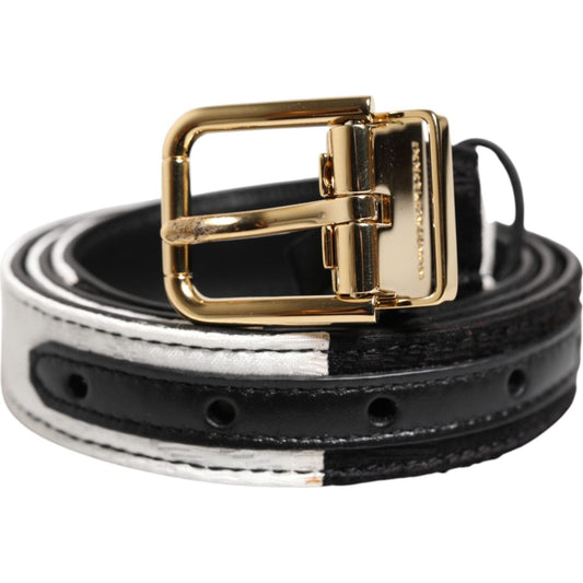 Dolce & Gabbana Black White Patchwork Gold Metal Buckle Belt WMB525-85