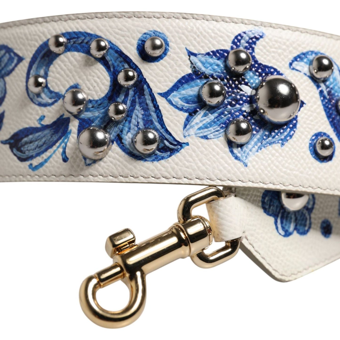 Dolce & Gabbana White Blue Floral Leather Stud Accessory Shoulder Strap WMB537