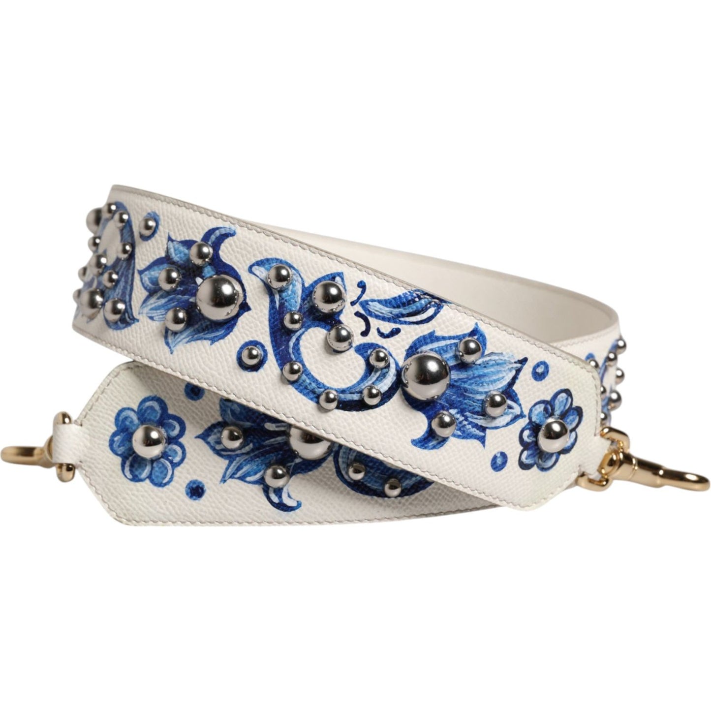 Dolce & Gabbana White Blue Floral Leather Stud Accessory Shoulder Strap WMB537