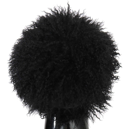 Dolce Gabbana lamb fur Gatsby hat with black Tibet lamb fur and leather design, showcasing a plush pom-pom style.
